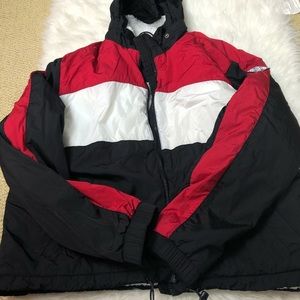 Hollister Puffer Jacket black white red Sherpa coat zipper aritzia XL rain snow